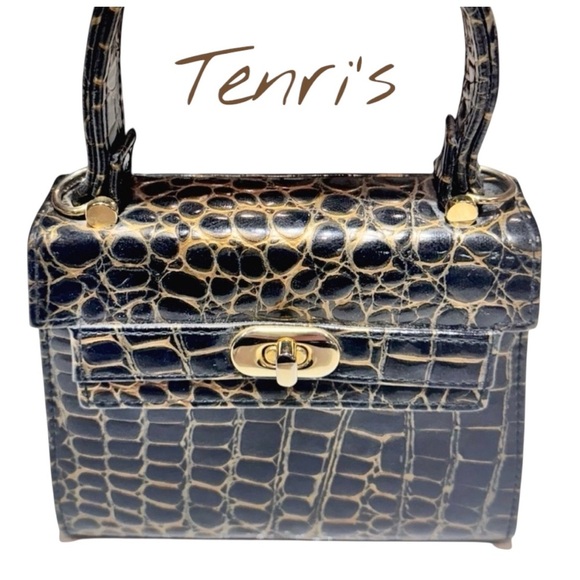 Tenri’s Vintage Women’s Croc-Embossed Handbag w/ Gold Hardware & Handle - Picture 1 of 12